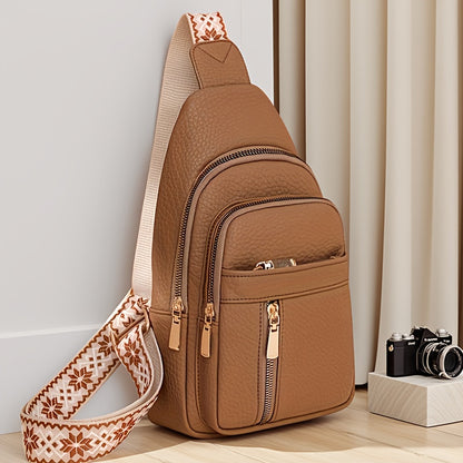 Vintage PU Chest Bag Multi-Pocket Zipper Crossbody with Floral Strap – Unisex Sports Sling Bag for Hiking & Outdoor | Men & Women | ShopVora CA