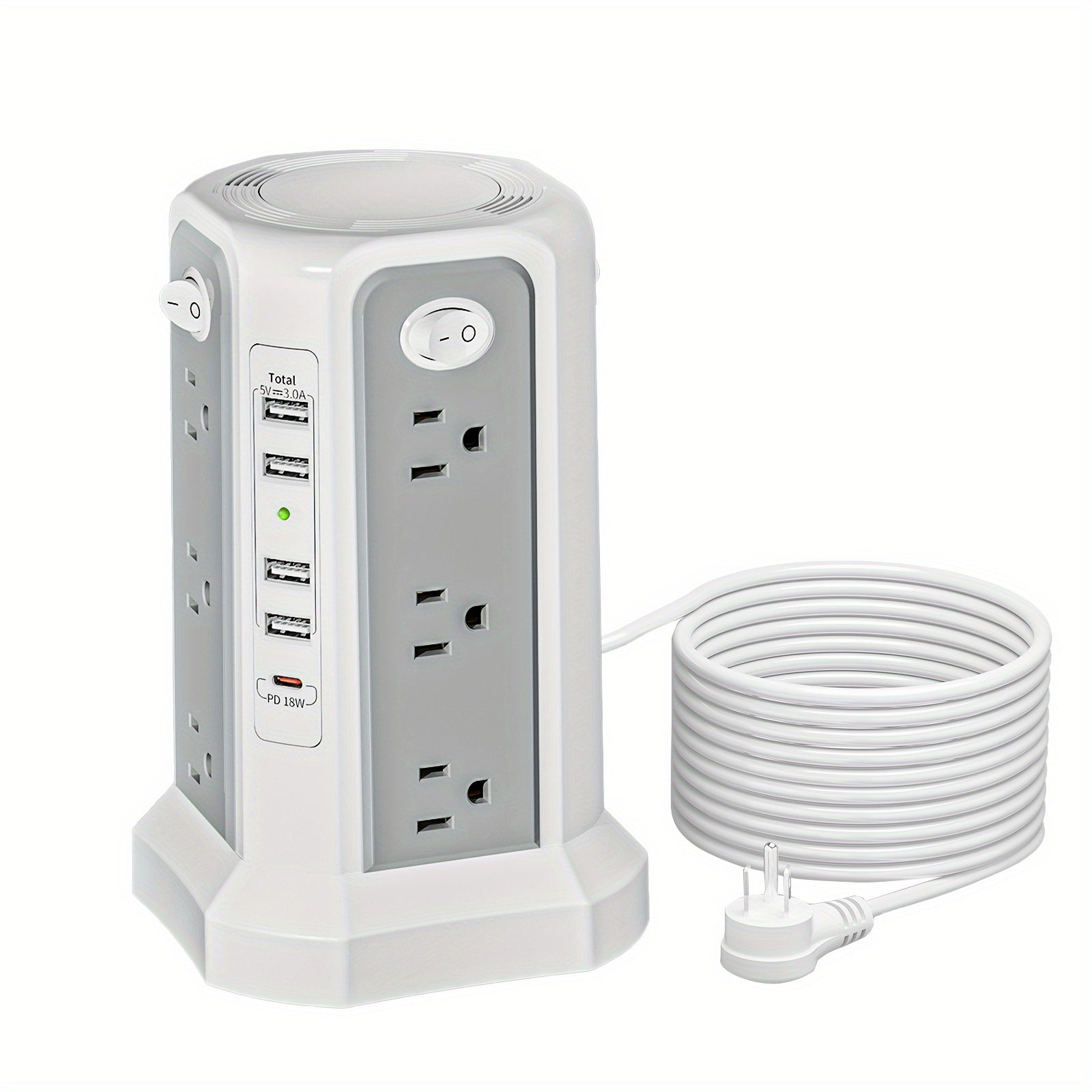 Tower Surge Protector Power Strip 17-in-1 – 8.8FT Extension Cord, 12 AC Outlets, 5 USB Ports with PD 18W USB-C, Surge Protection for Home Office Dorm & Business, Grey