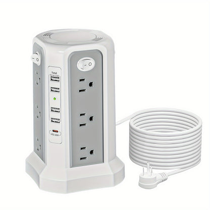 Tower Surge Protector Power Strip 17-in-1 – 8.8FT Extension Cord, 12 AC Outlets, 5 USB Ports with PD 18W USB-C, Surge Protection for Home Office Dorm & Business, Grey