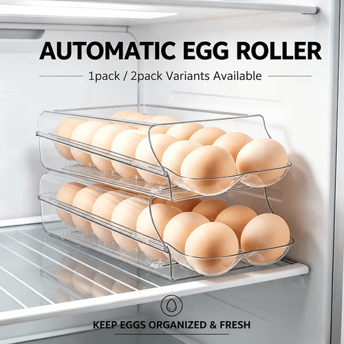 Egg Holder for Fridge Stackable 14-Count Automatic Rolling Egg Container – Plastic Refrigerator Egg Organizer with Removable Inner Tray, Fridge Storage, 1 or 2 Pack