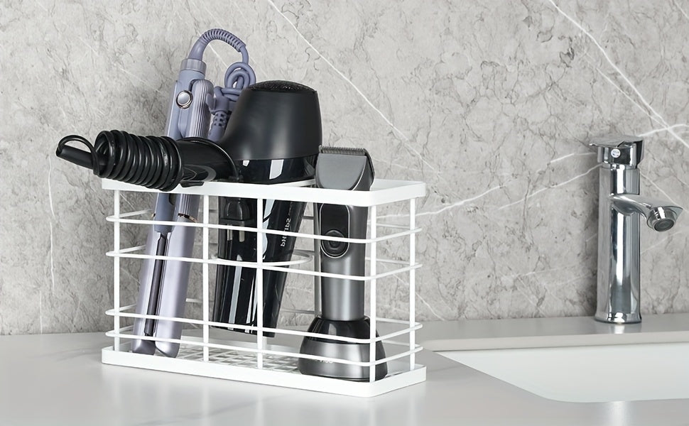 Wall-Mounted Hair Dryer Holder with Non-Adhesive Stickers - Black Plastic, Space-Saving Organizer for Bathroom, Includes Clamp for Secure Installation, Features a Easy-Access Slot for Styling Tools, Shelves