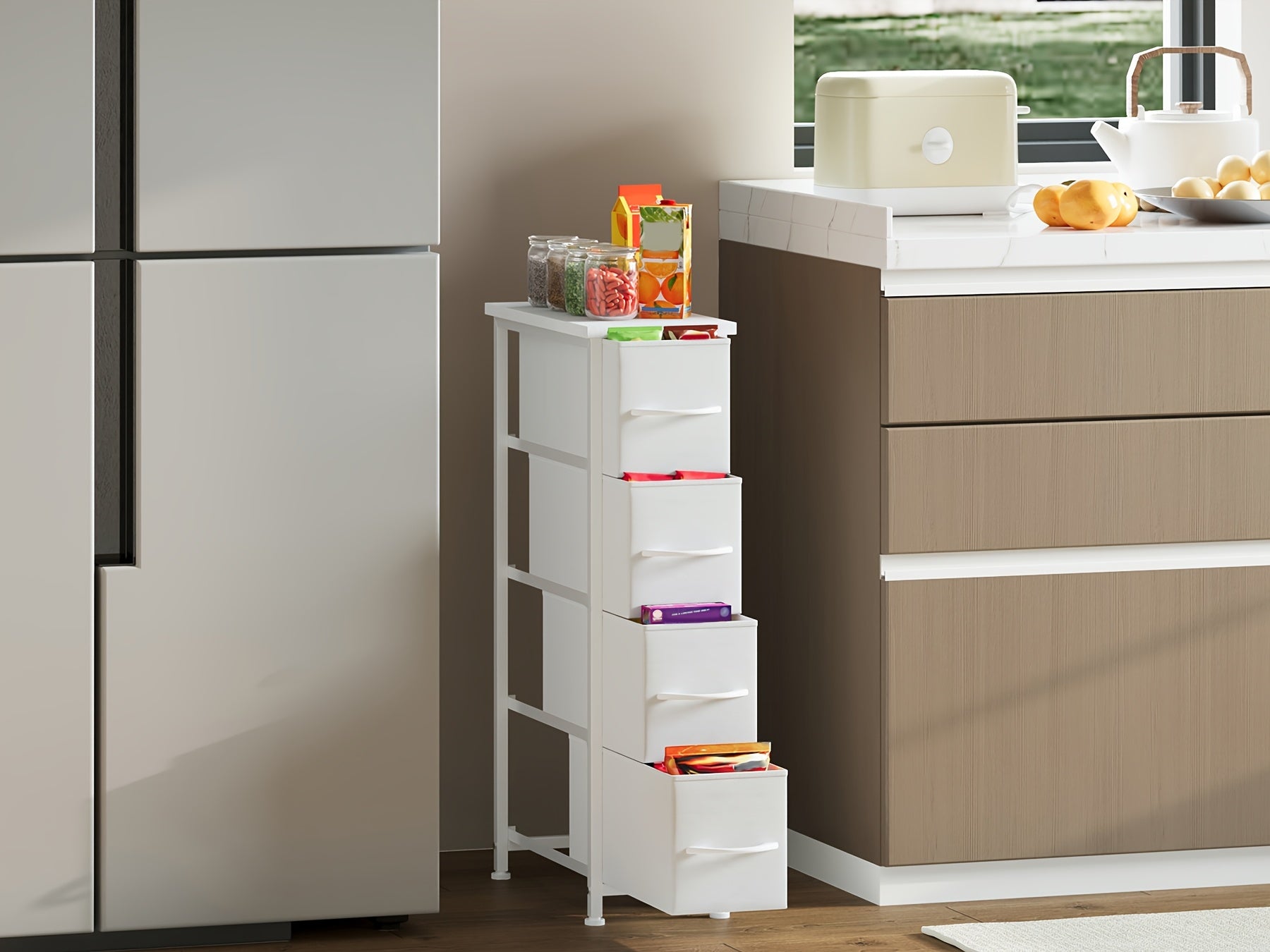 EUNOS Narrow Dresser with 4 Drawers, Slim Storage Chest Of Drawers with Removable Fabric Drawers for Closet Small Spaces Bathroom Bedroom Laundry, Mounted Closet Systems
