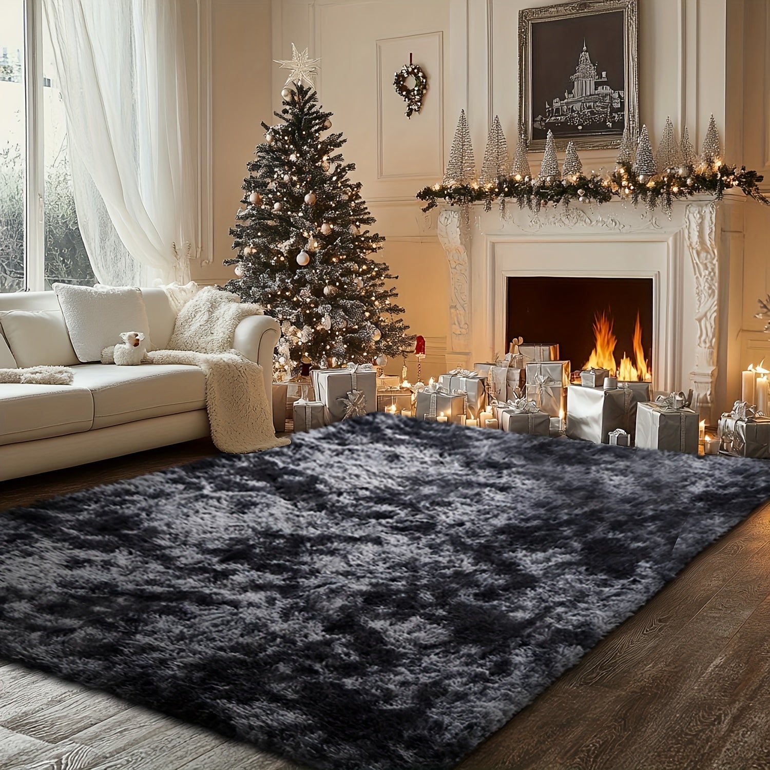 Fluffy Soft Area Rug – Luxury Non-Slip Indoor Carpet for Living Room, Bedroom & Home Decoration, Ultra-Plush Floor Rug, 7 Colours & 5 Sizes, Tie-Dye Black White Navy Blue Grey