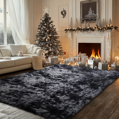 Fluffy Soft Area Rug – Luxury Non-Slip Indoor Carpet for Living Room, Bedroom & Home Decoration, Ultra-Plush Floor Rug, 7 Colours & 5 Sizes, Tie-Dye Black White Navy Blue Grey