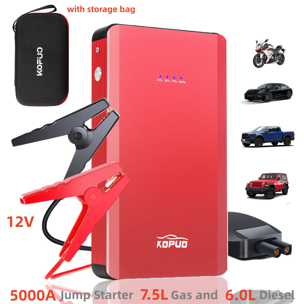 Compact Car Jump Starter 5000A/6000A with Safety Jumper Cables, Fast Charge, USB Power Bank & LED Flashlight – 12V Camping & Emergency Booster