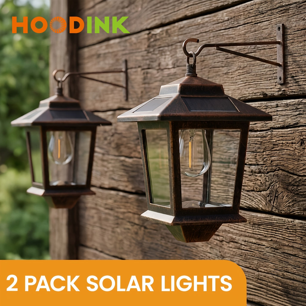 Set of 2 Solar-Powered Wall Lanterns, Designed for Outdoor Use, Featuring 4 Solar Panels, LED Lights That Operate from Dusk Till Dawn, Rust-Resistant And Waterproof with Hooks Included