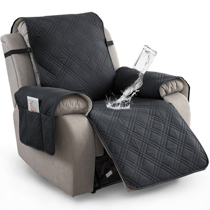 Waterproof Recliner Chair Cover Non-Slip Slipcover with Pocket – 5-Layer Quilted Furniture Protector for Pets, Washable, Easy Install, Elastic Straps – 9 Colours Including Black, Grey & Beige