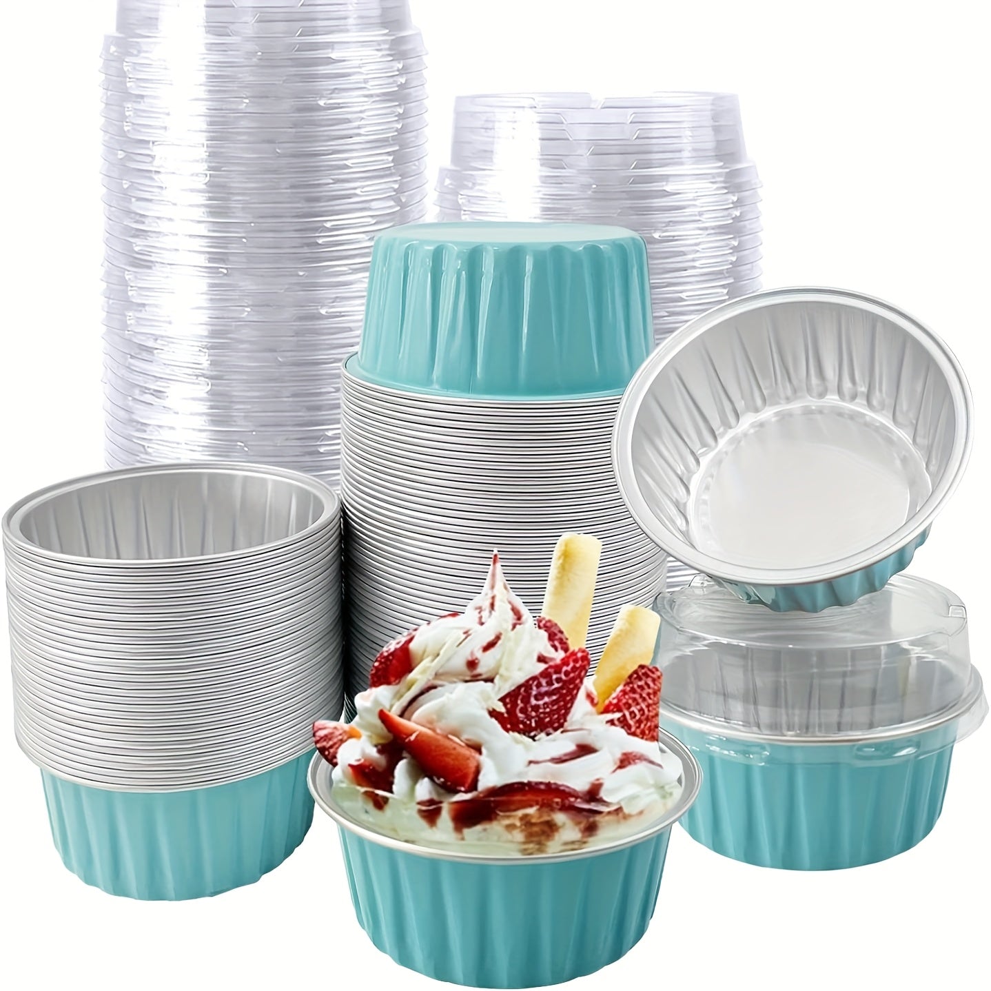 100-Pack Aluminum Foil Baking Cups with Lids 50 Boxes + 50 Lids Heat-Resistant Cupcake Molds for Weddings Birthday Parties Desserts Pudding Cream Cake