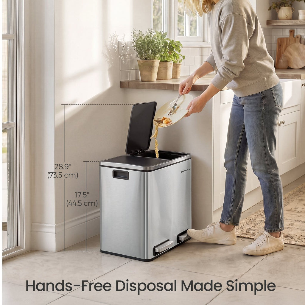 Garbage Can, 2 x 4 Gallon (2 x 15 L) Trash Can, Recycle Bin with Soft-Close Lids, Pedals, and Inner Buckets for Kitchen, Stainless Steel, Silver