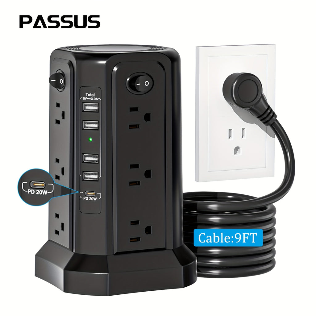 17-in-1 Surge Protector Power Strip with 12 AC Outlets & 5 USB Ports – PD 20W Fast Charging, 4-Zone Independent Switch, Touch Night Light, 6.5ft Extension Cord for Home Office Dorm Desk
