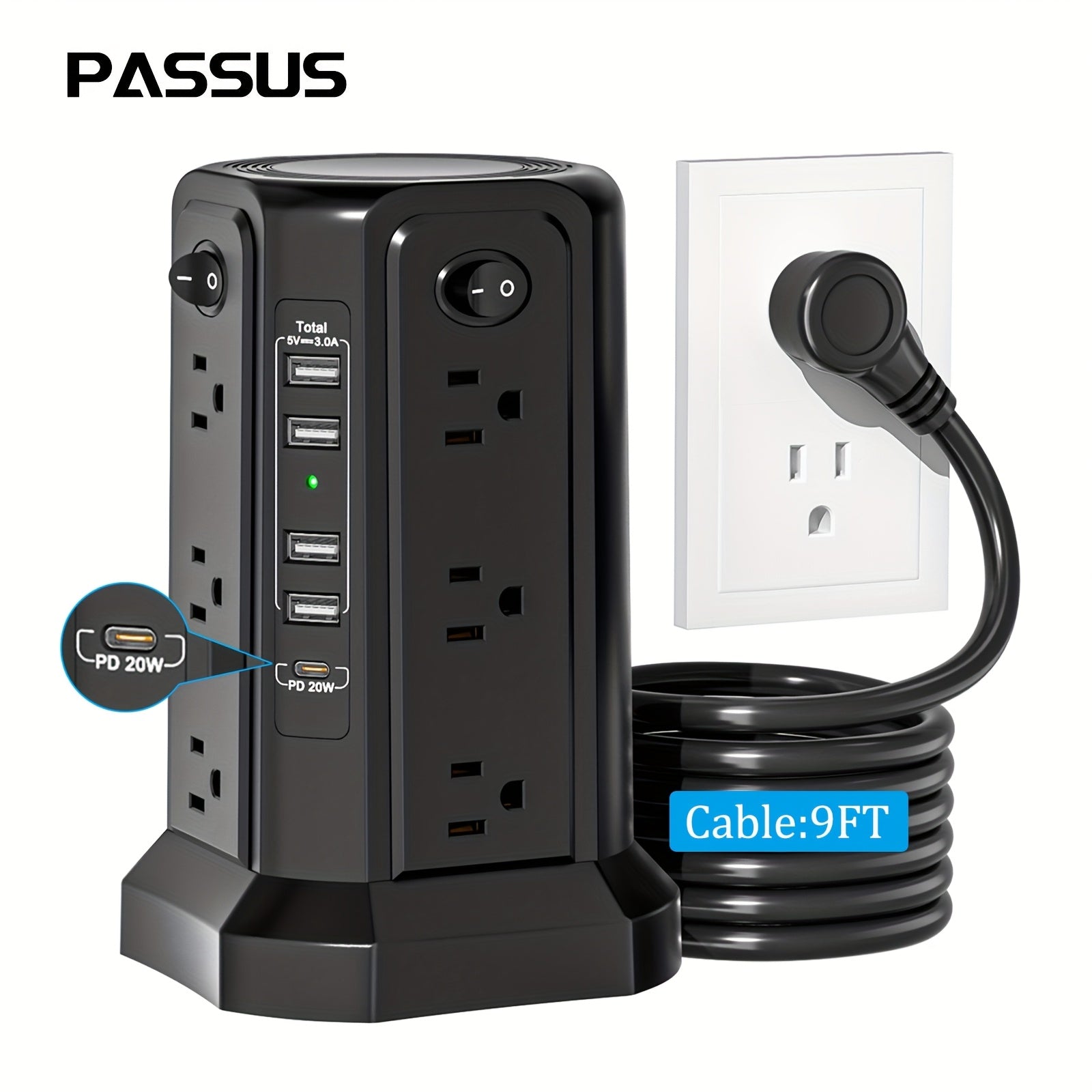 17-in-1 Surge Protector Power Strip with 12 AC Outlets & 5 USB Ports – PD 20W Fast Charging, 4-Zone Independent Switch, Touch Night Light, 6.5ft Extension Cord for Home Office Dorm Desk