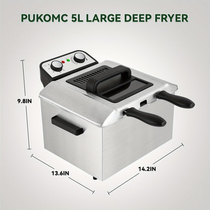 Electric Deep Fryer with Basket 84.5oz / 1.59gal – Stainless Steel, Adjustable Temperature & Timer, Odor Filter Lid, Easy Clean, Perfect for Fried Chicken, Fish, Fries & Donuts