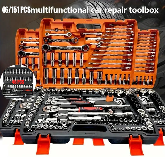 A Mechanical Tool Set Including a Ratchet Handle, Extension Bar, Universal Joint, Slide Bar, SAE and Metric Sockets, Hex Keys, and a Basic Automotive Repair Manual Tool Kit with a Plastic Toolbox. Battery Not Included. Unpowered Manual Tool Set