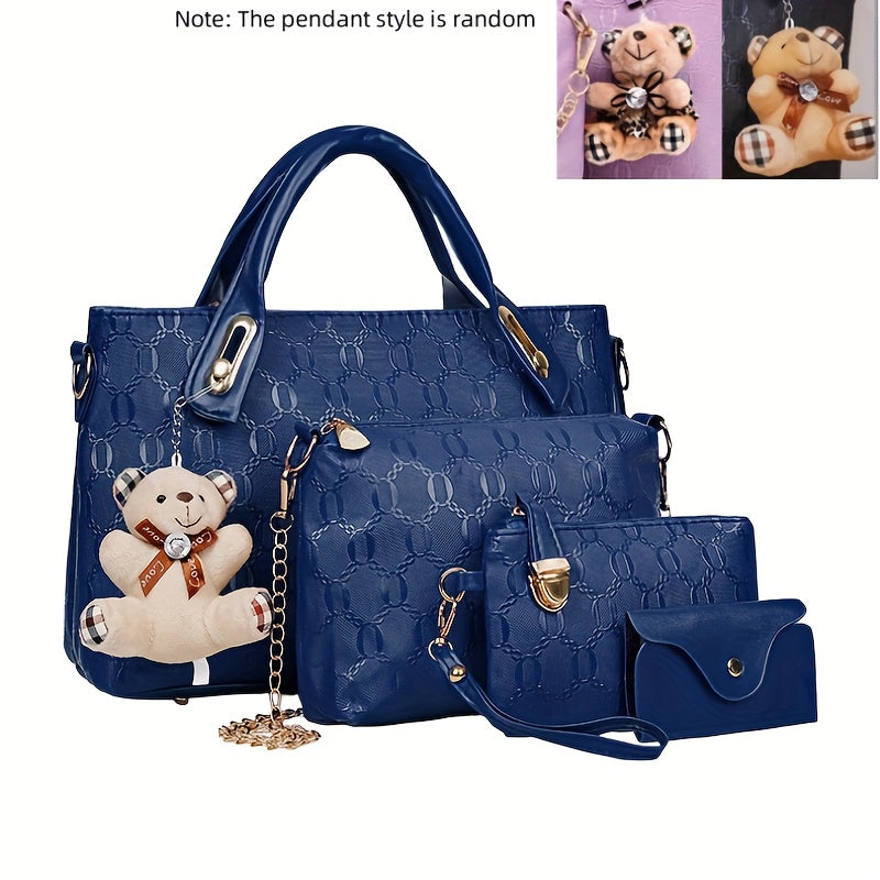 Embossed Women's 4-Piece Bag Set – Large Capacity Tote, Shoulder Crossbody Handbag with Bear Pendant | Retro Casual Style for Daily Commuting, Travel & Birthday Gifts | 9 Colours