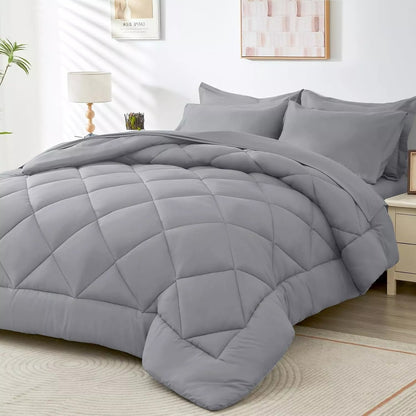 Navy Reversible Comforter Set 7pcs Queen – Fluffy Polyester Bed in a Bag, All-Season Bedding with Comforter, Fitted Sheet, Flat Sheet, Pillowcases & Shams