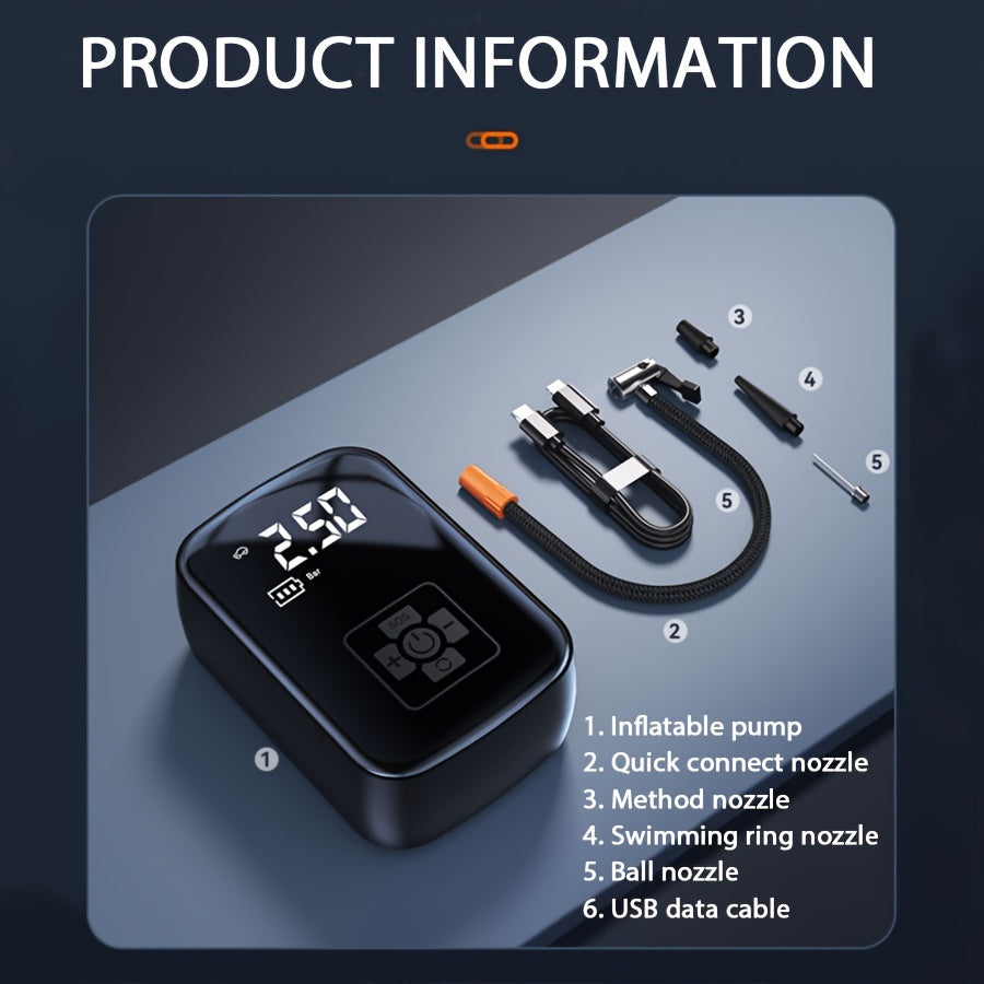 Fast Cordless 1pc Tire Inflator Portable Air Compressor - Digital Display Multi-Function Nozzle Adapter - Long-Lasting Lithium Battery for Car Motorcycle Bicycle Tire Ball, Auto Parts