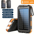 20000mAh Portable Solar Power Bank, Portable Solar Mobile Phone Charger, Camping External Battery Charger for Mobile Phones, 2 USB/ LED Flashlights with Compass for Outdoor Activities