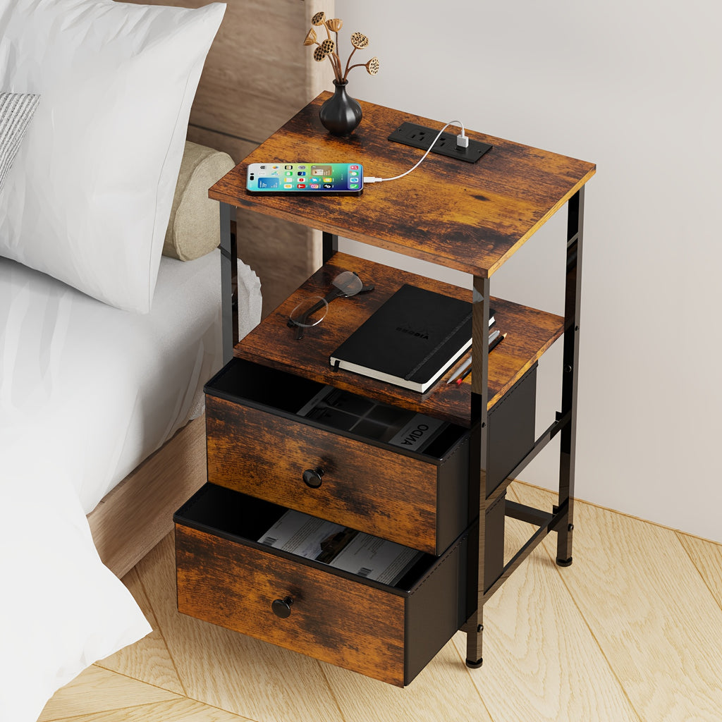 AMHANCIBLE 1/2pcs Bedside Table with Charging Station, End Table, with 2 Drawers, Small Bedroom Side Table, 4 Layers Storage Bedside Table, Suitable for Bedroom, Living Room. Black, Brown