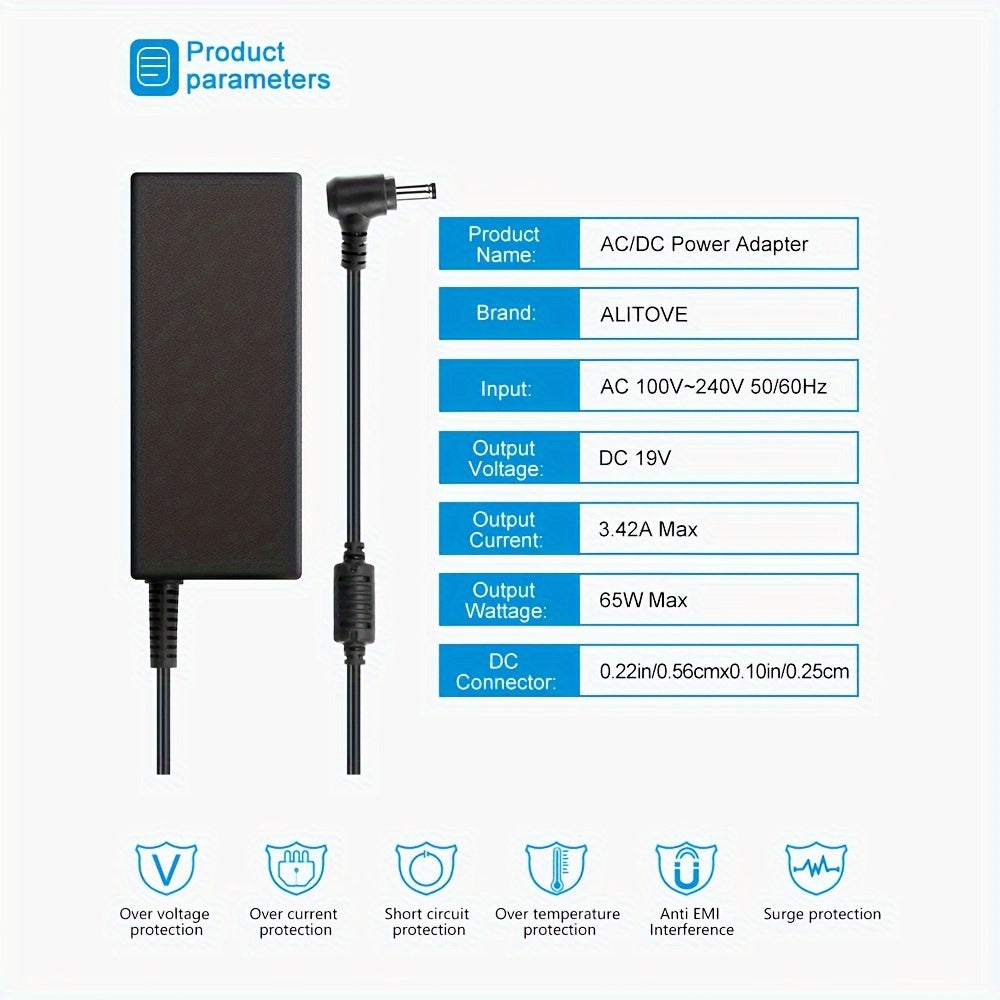 65W Universal Laptop Charger, Chromebook Charger 19V 3.42A Power Adapter, Monitor Power Adapter, with 9 Connectors, Compatible with Various Devices, Laptop/Monitor/Speaker
