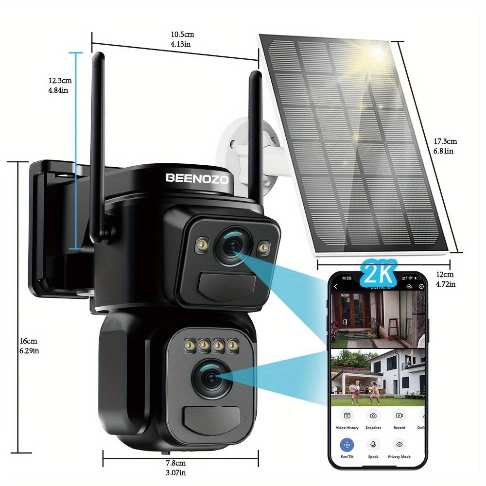 BEENOCAM [10x Zoom] 360° Low-Power CCTV Solar Panel Battery 2K QHD WiFi Camera with Spotlight Alarm, Motion Detection, Color Night Vision & Two-Way Audio – One Device = Two Cameras (Solar Bullet + PTZ)