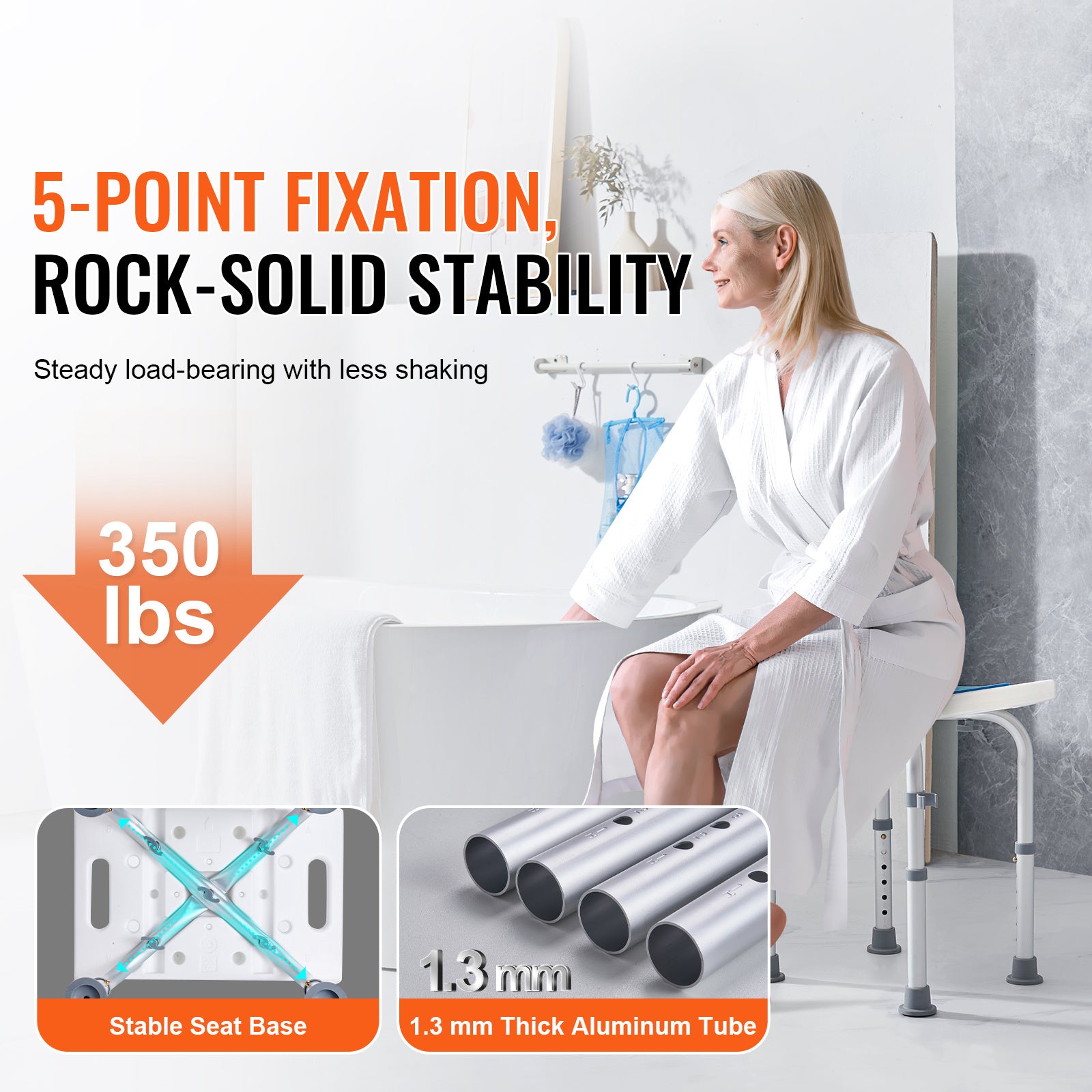 VEVOR Shower Chair, Adjustable Height Shower Stool, Shower Seat for Inside Shower or Tub, Non-Slip Bench Bathtub Stool Seat for Elderly Disabled Handicap, 350 LBS/ 500 LBS Capacity, No handrails/With handrails