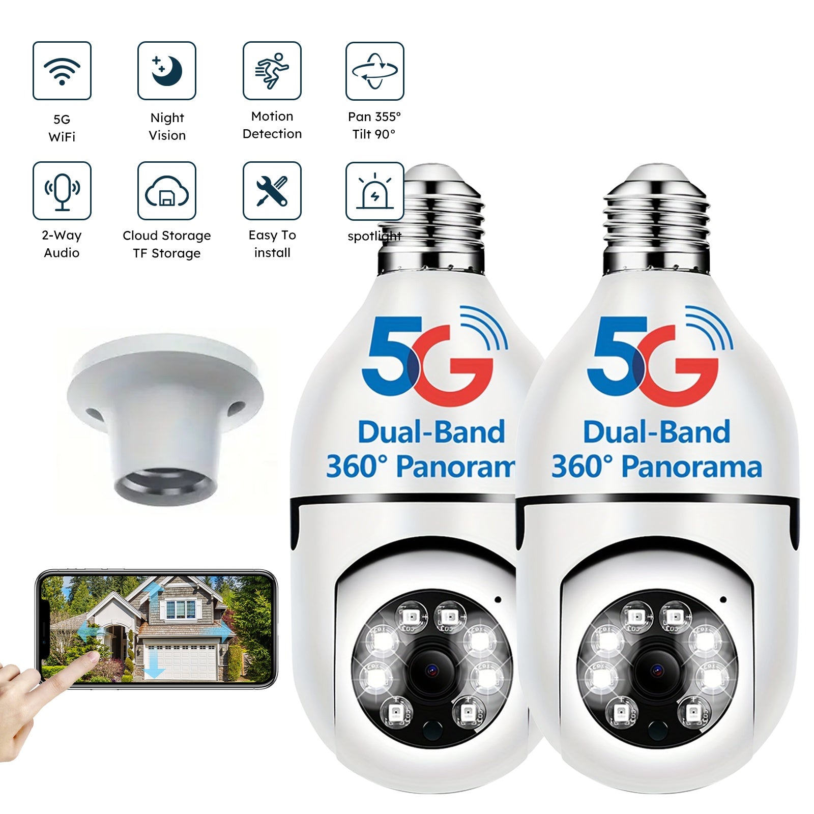Black Friday 2pcs Ease Life APP-Light Bulb 5GHz Security Cameras Indoor Outdoor Wireless WiFi Camera, 360 Degree, E27 Light Socket Screw In Security Cameras for Home Security Safe Cam Lightbulb Cameras, HD 1080P, Full Color Night Vision, Motion