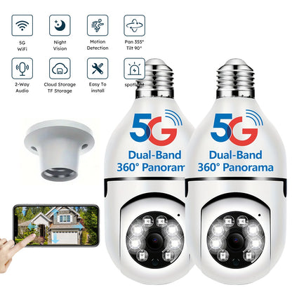 Light Bulb Security Camera 1080P 360° E27 WiFi 2-Pack, 5GHz Indoor Outdoor Wireless Screw-In Cam, Full Colour Night Vision Motion Detection – Home Security Lightbulb Camera