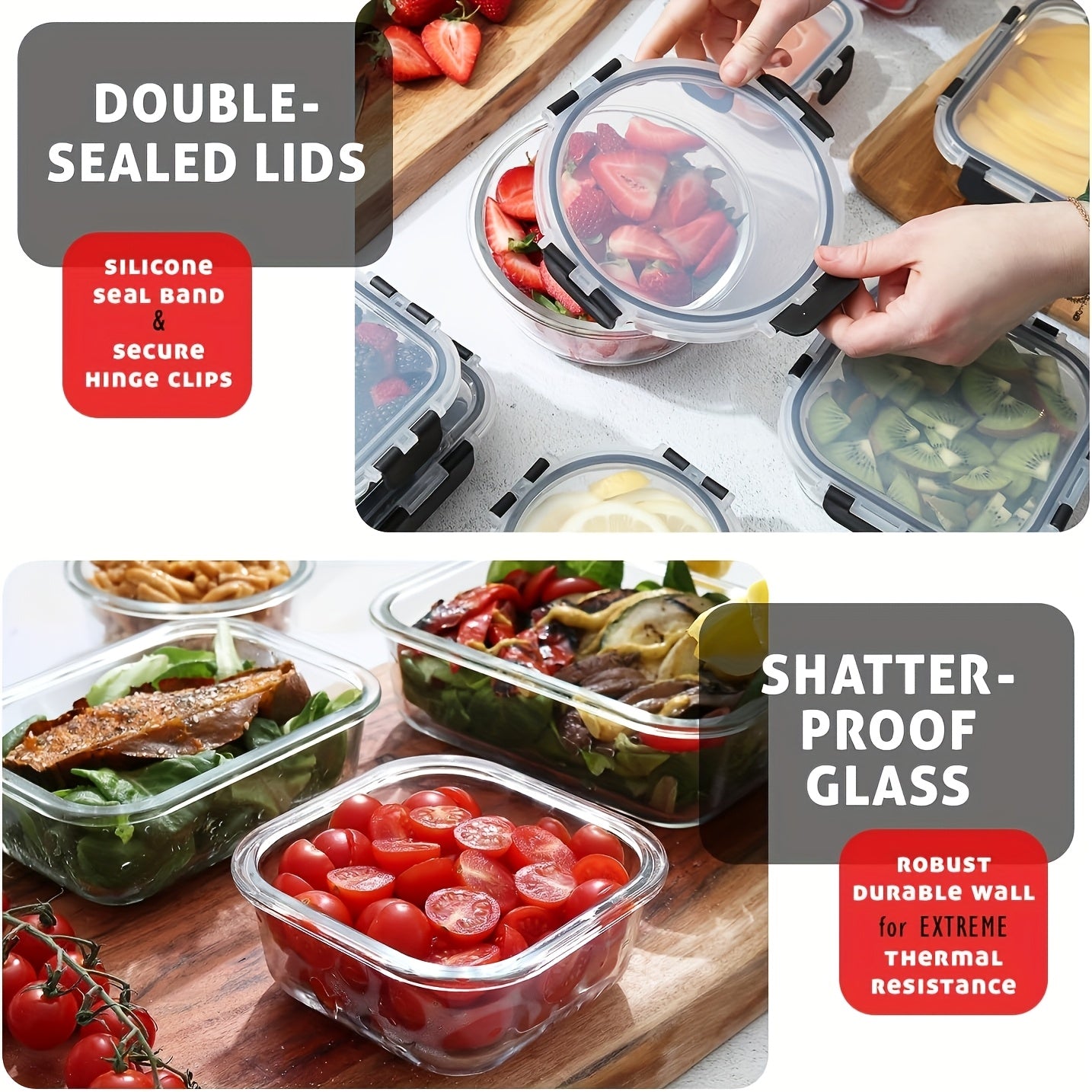 12 Piece Glass Food Storage Containers with Lids - Borosilicate Airtight Meal Prep Containers, Leak-Proof BPA-Free, Microwave Freezer Dishwasher Safe, Stackable Glass Lunch Containers