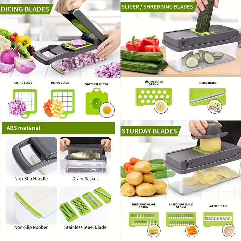16-In-1 Manual Food Processor And Vegetable Chopper - Multi-Functional Slicer And Dicer with Grater, Shredder, Strip Cutter, Chopper, And Container - One-Button Operation with Drain Basket, Suitable for Onions, Carrots, Potatoes