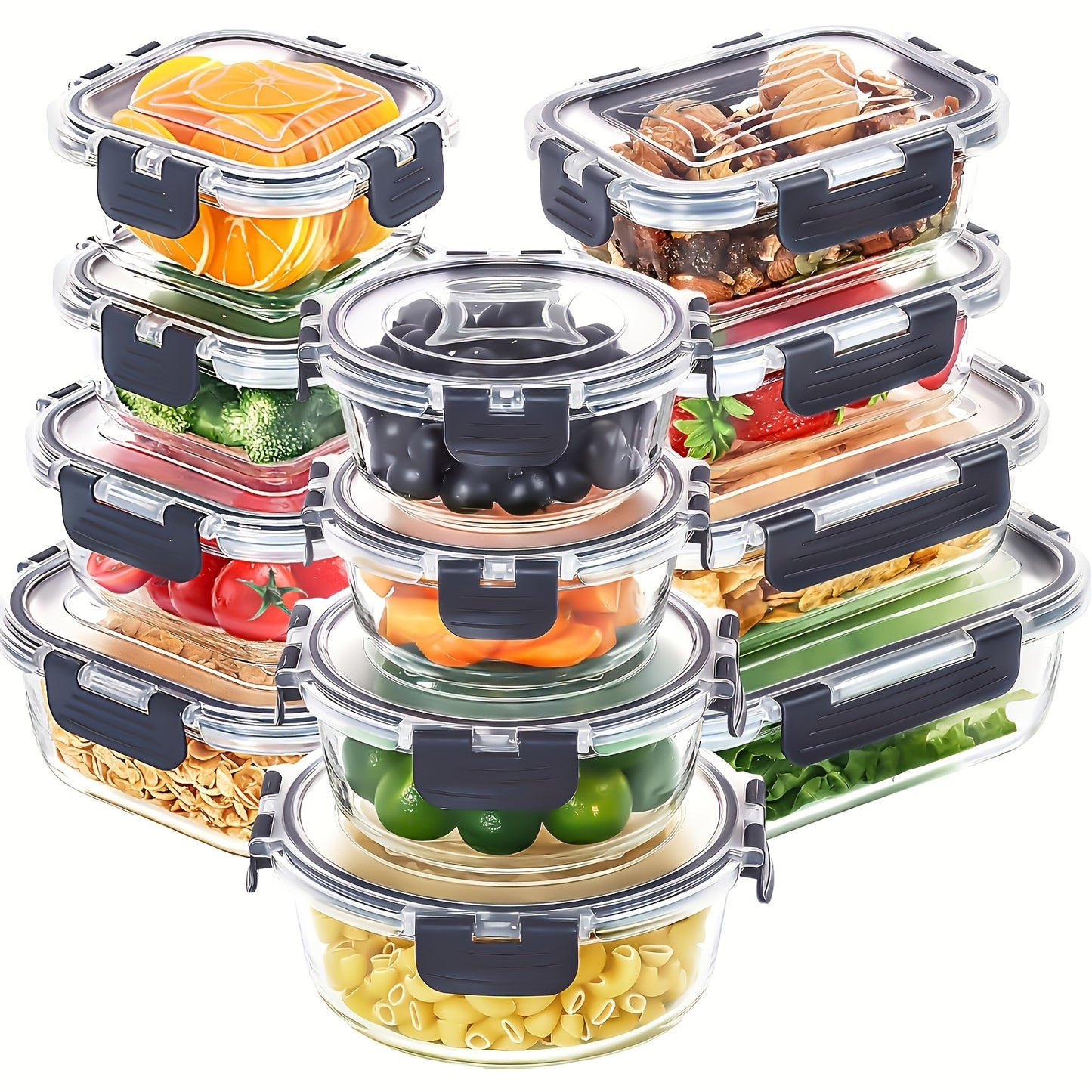 24-Piece Glass Fresh Box Set (12 Lids + 12 Boxes) Multi-Size – Leakproof Airtight Refrigerator Sealed Lunch Bento Containers for Meal Prep & Food Storage