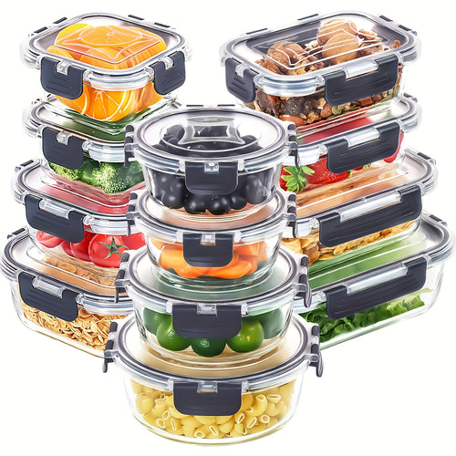 24-Piece Glass Fresh Box Set (12 Lids + 12 Boxes) Multi-Size – Leakproof Airtight Refrigerator Sealed Lunch Bento Containers for Meal Prep & Food Storage