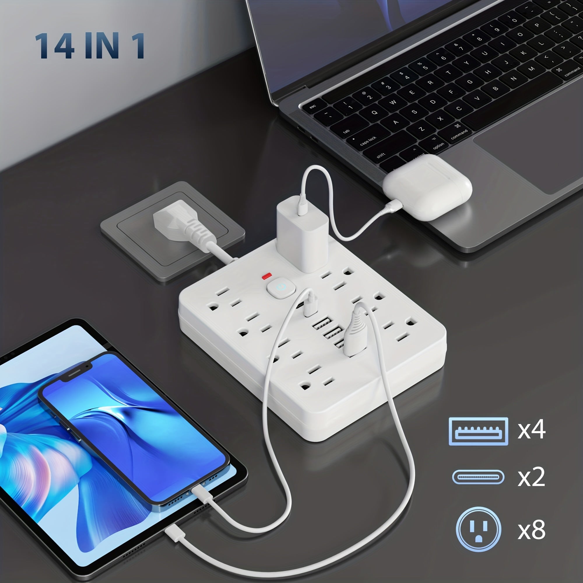 14-in-1 Power Strip Wall Mount – 8 Spacious AC Outlets, 6 USB Ports (2 USB-C), Overload Protection, One-Touch Master Switch, Extension Cord for Home Office & Den