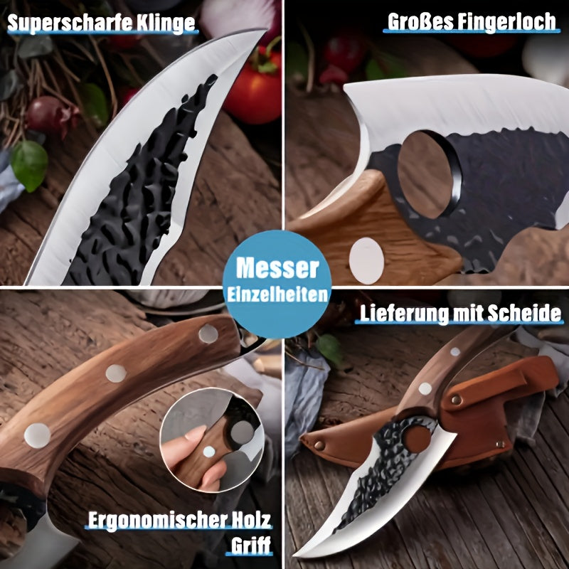 Hand-Forged Chef Knife with Hammered Pattern Blade, Full-Tang Curved Riveted Handle with Leather Sheath & Gift Box, Professional Kitchen Knife for Meat Fish Vegetables, Outdoor Camping BBQ