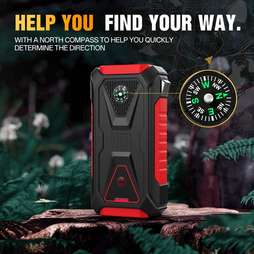 12V Portable Jump Starter for 10.0L Gas & 8.0L Diesel Engines, SOS Warning Light, LED Flashlight, Compass, Window Breaker & Dual USB Fast Charging – Heavy-Duty Emergency Car Kit for Trucks & SUVs