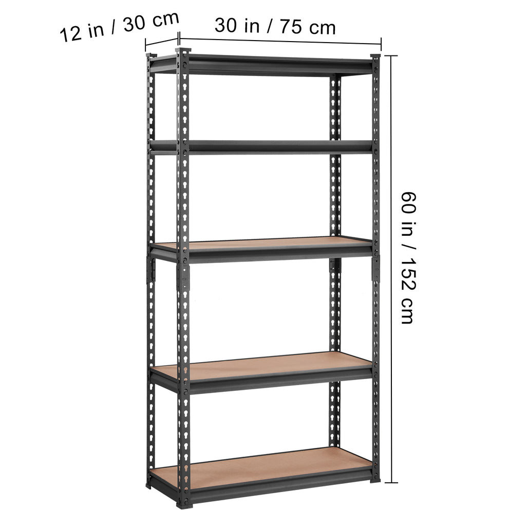 VEVOR Storage Shelving Unit, 5-Tier Adjustable, 2000 lbs Capacity, Heavy Duty Garage Shelves Metal Organizer Utility Rack, Black, 30" L x 12" W x 60" H /36" L x 18" W x 72" H for Kitchen Pantry Basement Bathroom Laundry