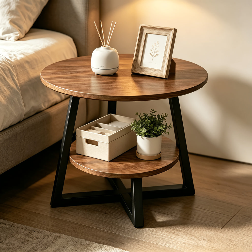 Multi-Purpose 2-Tier Round Coffee Table with Heavy-Duty Construction And Smooth Marble Effect Top, Stylish Storage End Table for Living Room, Bedroom, Dorm, And Home Office