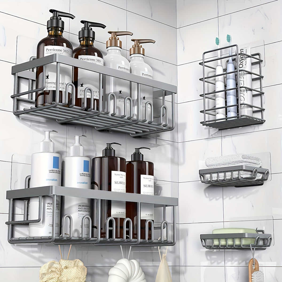 Adhesive Shower Caddy Organizer 5-Pack – No Drilling Rustproof Stainless Steel Shower Shelves with Soap Holder, Wall-Mounted Bathroom Storage Rack for Renters & Families