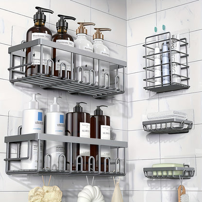 Adhesive Shower Caddy Organizer 5-Pack – No Drilling Rustproof Stainless Steel Shower Shelves with Soap Holder, Wall-Mounted Bathroom Storage Rack for Renters & Families