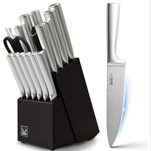 16pcs Professional Kitchen Knife Set with Wooden Block & Sharpener – Super Sharp Stainless Steel Chef Knife Block Set with Steak Knives, Perfect Family Kitchen Gift