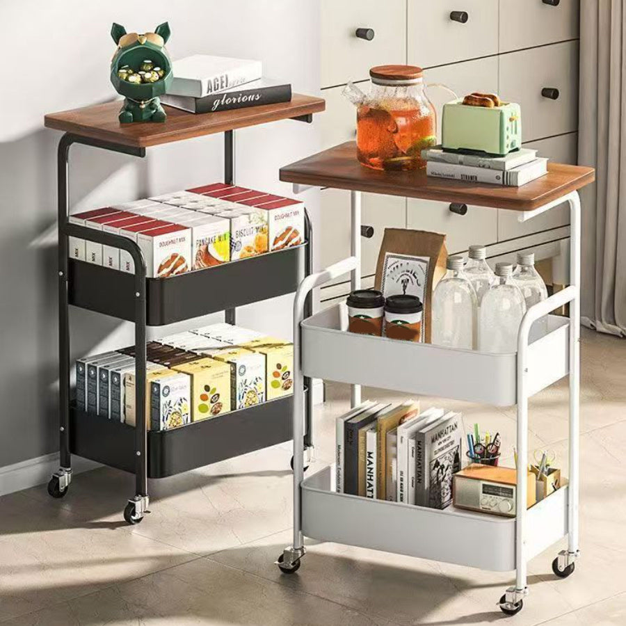 Versatile 3-Tier Rolling Storage Cart with Wheels - Slim Design, Wooden Top & Mesh Baskets for Kitchen, Office, Bathroom - Durable Metal Frame, Powder-Coated Finish - Black/White