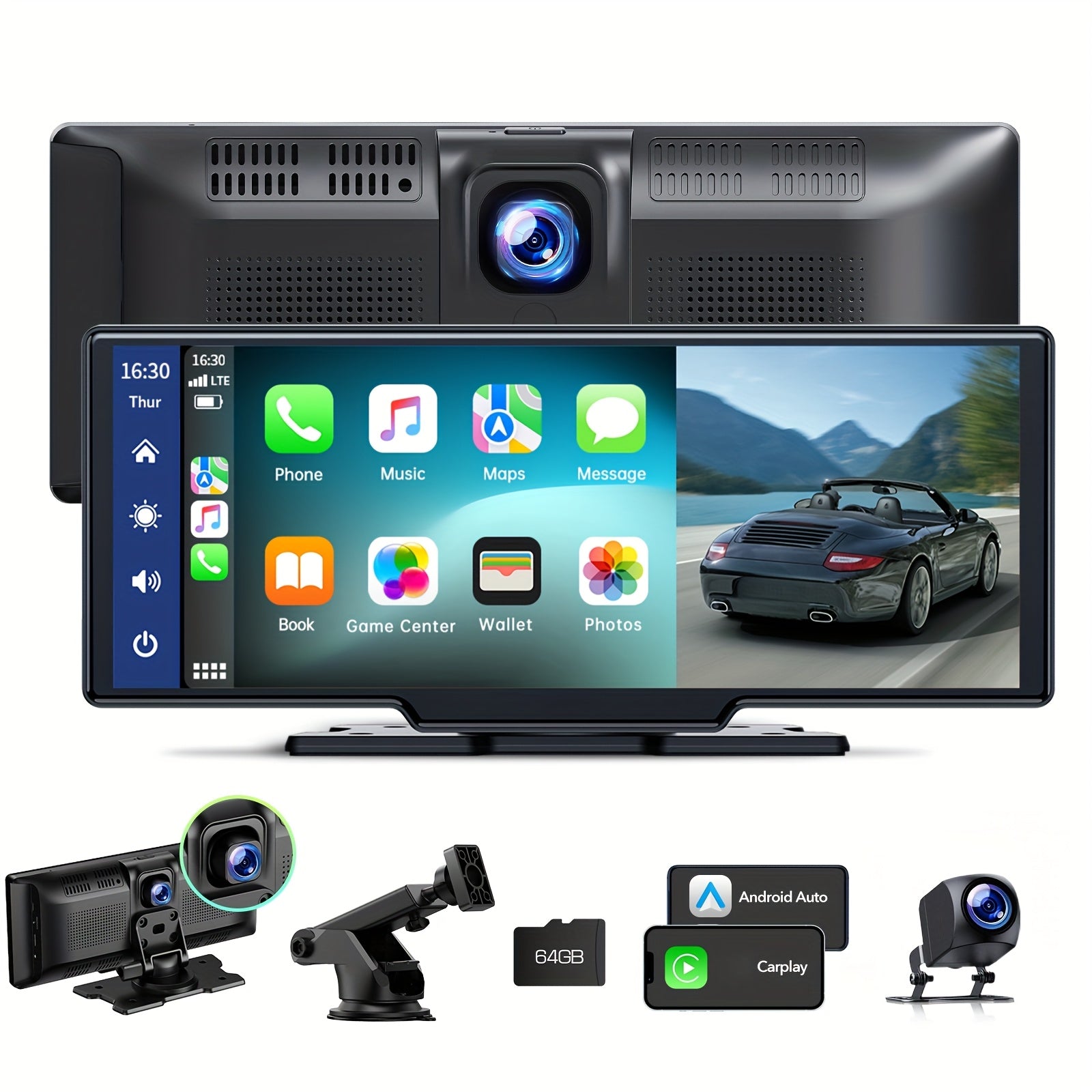 10.26" Wireless CarPlay Screen with 2.5K Dash Cam & Rear 1080P Camera, Apple CarPlay & Android Auto, GPS Navigation, Mirror Link, Voice Control, FM, 64GB – Fits All Vehicles 12-36V