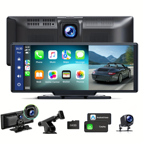 10.26" Wireless CarPlay Screen with 2.5K Dash Cam & Rear 1080P Camera, Apple CarPlay & Android Auto, GPS Navigation, Mirror Link, Voice Control, FM, 64GB – Fits All Vehicles 12-36V