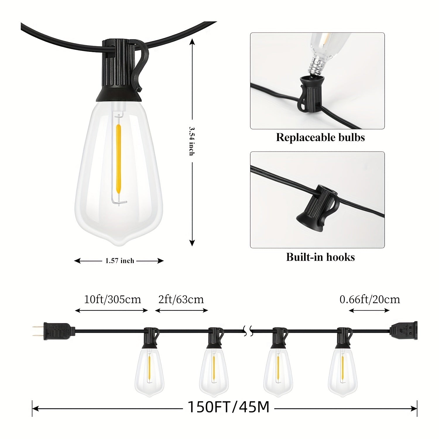 HYGX 50/100/150FT LED Outdoor String Lights, Patio Deck Lights With 20+1/40+2/60+2 ST38 Bulbs, Outside Hanging Lights Connectable For Garden, Porch, Patio, Balcony, Backyard, Party & Holiday Gift For Xmas Bistro, Halloween, Christmas Decoration