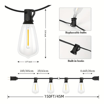 Outdoor LED String Lights 50/100/150FT with ST38 Bulbs – Waterproof Connectable Hanging Lights for Patio Garden Backyard Porch Balcony Party Christmas Halloween Bistro Decoration
