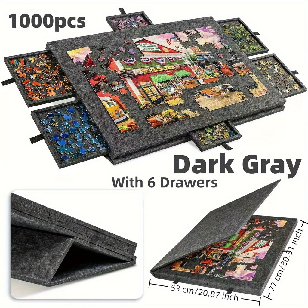 Gray Puzzle Board with 6 Sliding Drawer Organizers for 1000-1500 Pieces - Portable 23.6"x31.5" Anti-Slip Puzzle Table with 2 Puzzle Boxes, Family Game Gift