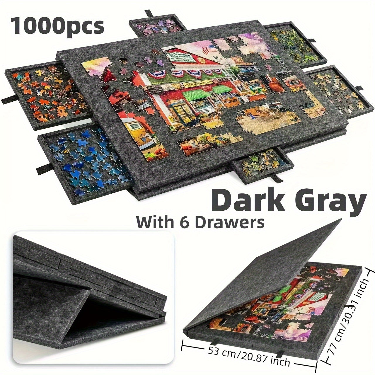 Gray Puzzle Board with 6 Sliding Drawer Organizers for 1000-1500 Pieces - Portable 23.6"x31.5" Anti-Slip Puzzle Table with 2 Puzzle Boxes, Family Game Gift