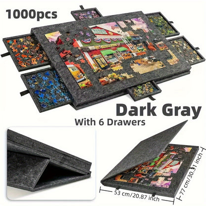 Gray Puzzle Board with 6 Sliding Drawer Organizers for 1000-1500 Pieces - Portable 23.6"x31.5" Anti-Slip Puzzle Table with 2 Puzzle Boxes, Family Game Gift