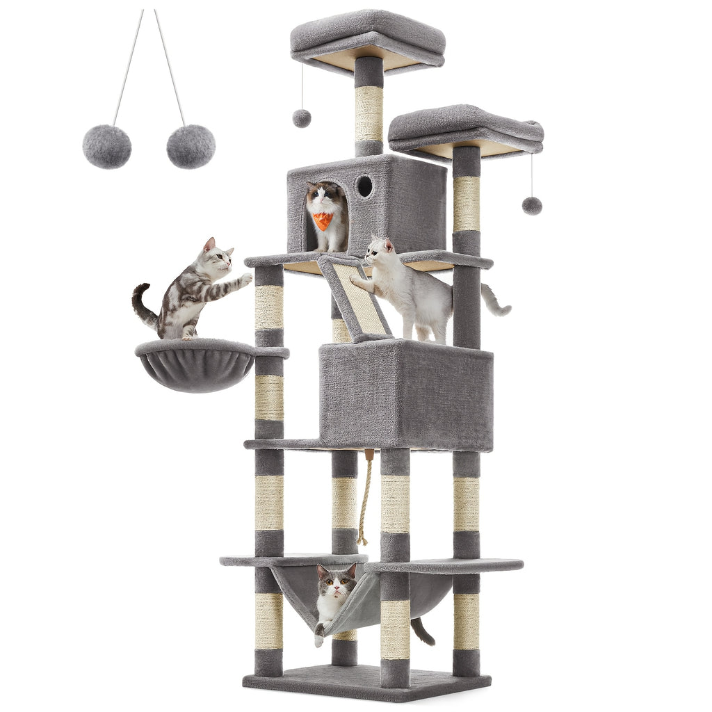 Cat Tree, 2 Perches, 81.1-Inch Large Cat Tower with 13 Scratching Posts, 3 Caves, Basket, Hammock, Pompoms, Multi-Level Plush Cat Condo for Indoor Cats