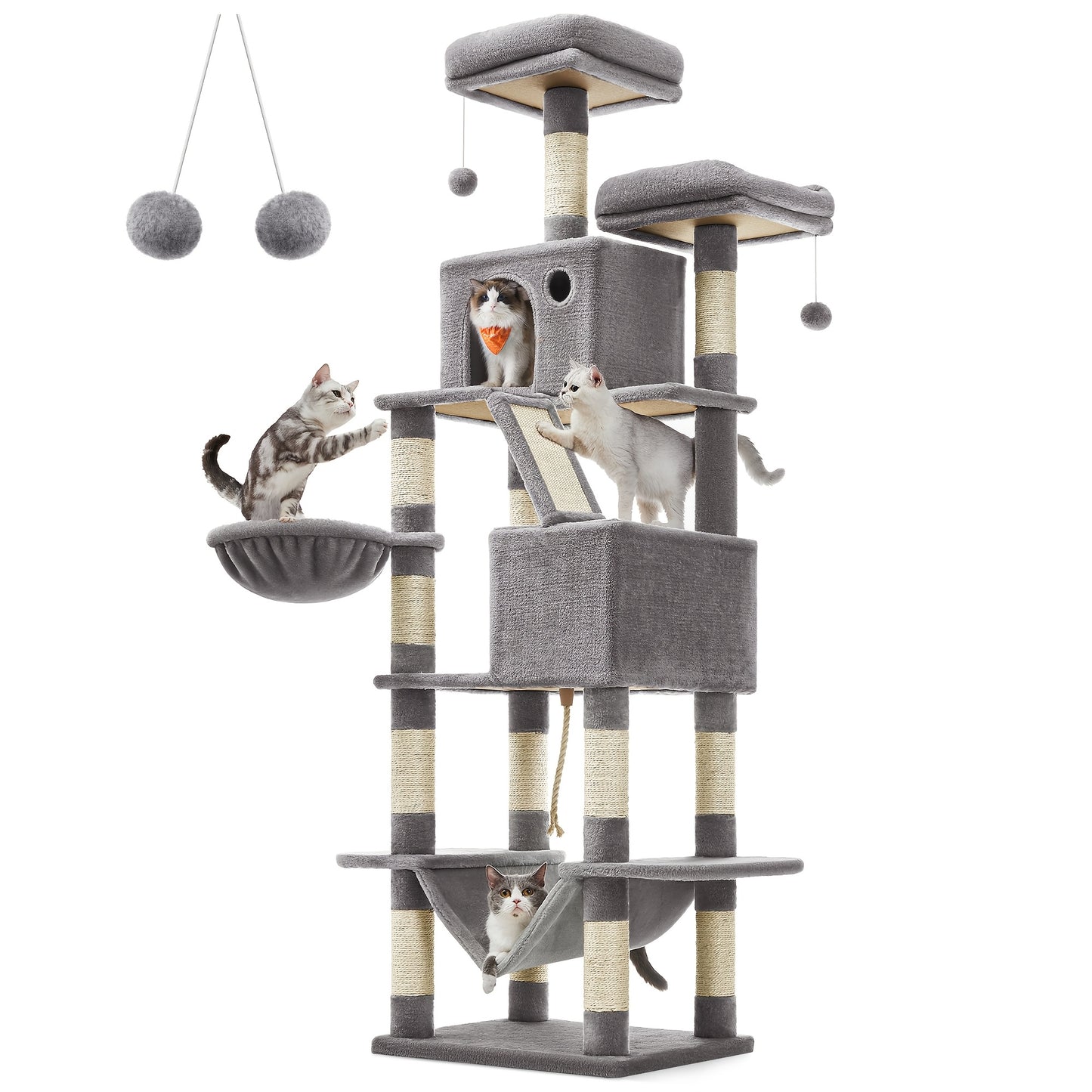 Cat Tree 81.1" 5-Level Plush Cat Condo – 13 Scratching Posts, 3 Caves, Hammock, Basket & Pompoms for Multi-Cat Indoor Households