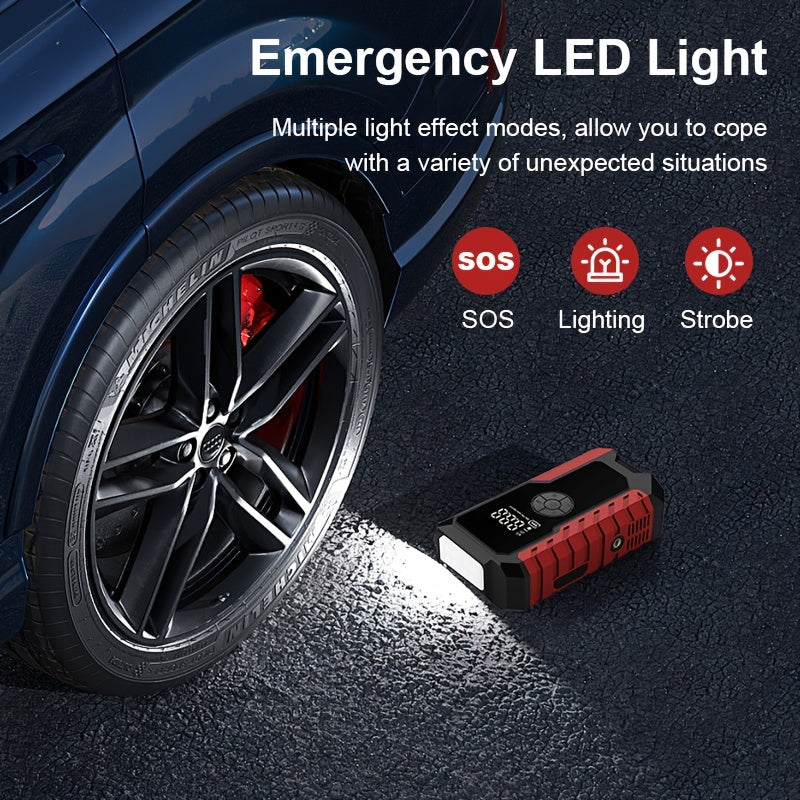 Portable Car Emergency Starter Power Supply | 12V Car Battery Charger With Optional 150Psi Air Pump, Led Light, Usb Type-C And Usb Output, Rechargeable Lithium Polymer Battery, Digital Display, Various Styles